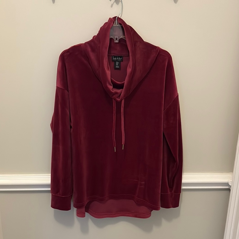 Nicole Miller Burgundy Cowl Neck Sweater Velour Pullover